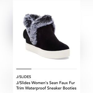 J/Slides Women’s Sean Faux Fur Trim Waterproof Sneaker Booties. Black.